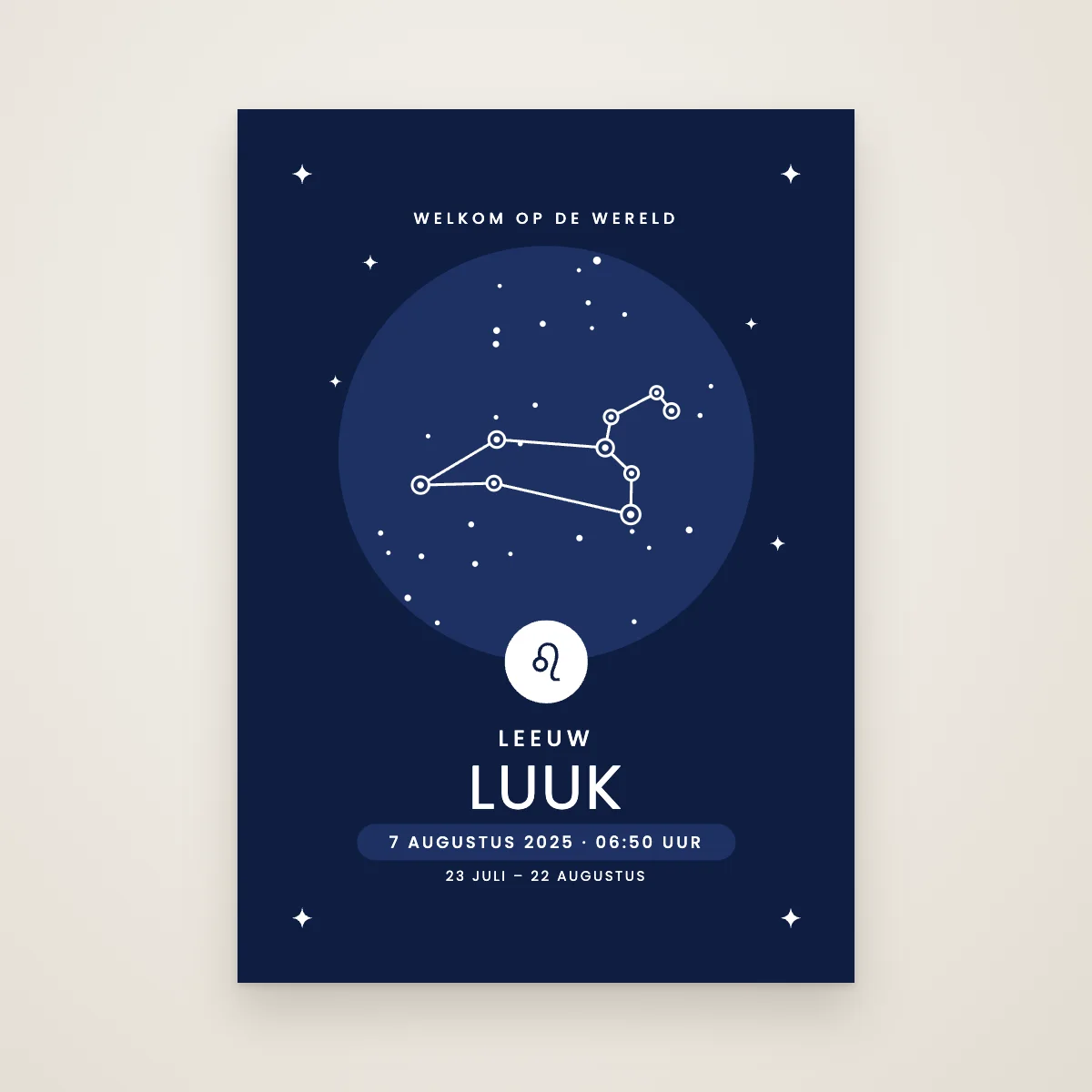 Leeuw poster met naam en geboortedatum